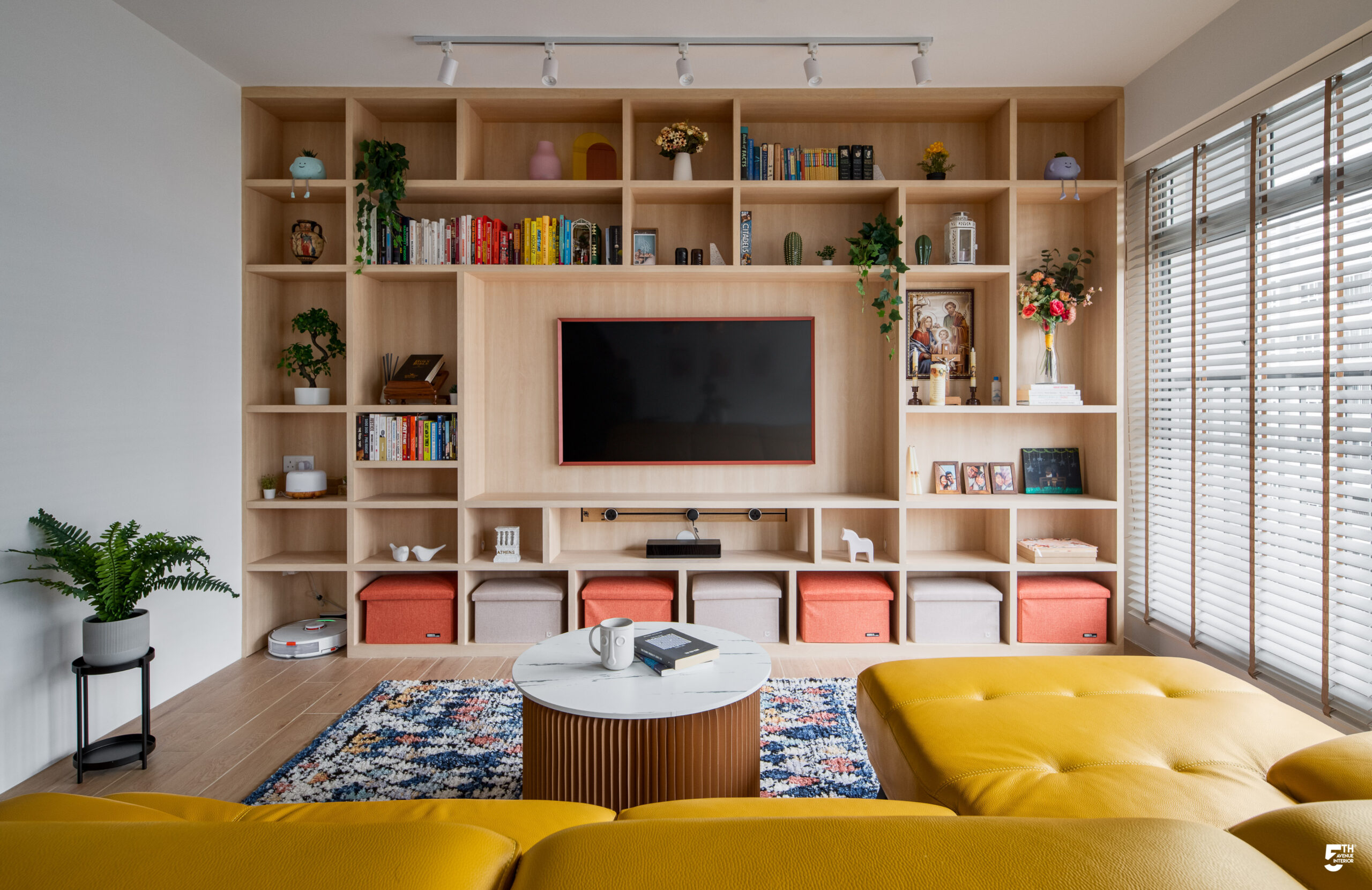 TV Feature Wall With Wooden Shelves By Fifth Avenue Interior