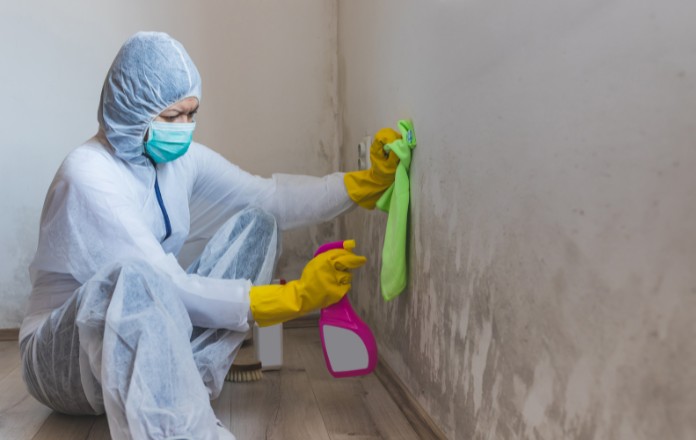 Person wearing a cleaning suit and wiping the wall with antifungal solution