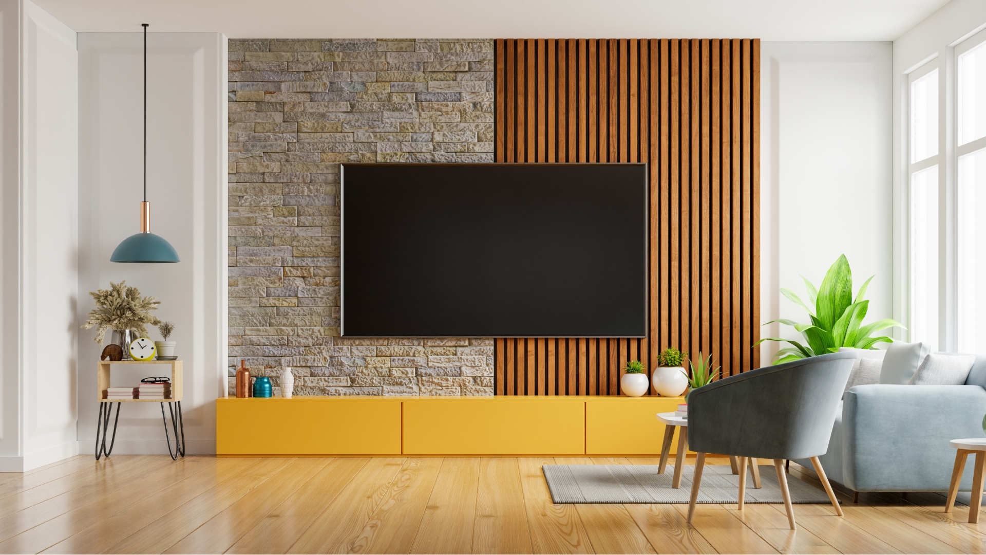 TV Console, Floating Shelf TV Wall, Wooden TV Stand, Accent Wall  Behind TV