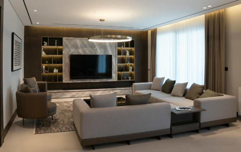 TV Feature Wall Design - Open Wooden Shelving