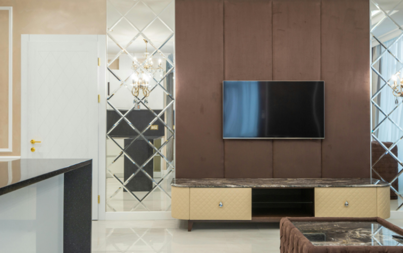TV Feature Wall Design - Reflective Elegance
