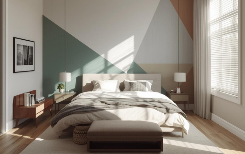 Two Colour Combination for Bedroom Walls - Geometric Painted Wall