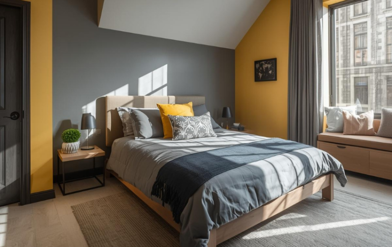 Two Colour Combination for Bedroom Walls - Grey and Yellow